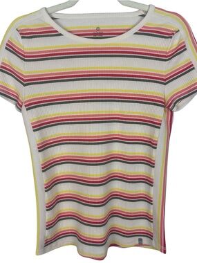 T by Talbots Striped Ribbed Knit Short Sleeve Tee Shirt Med Petite MP Colorful